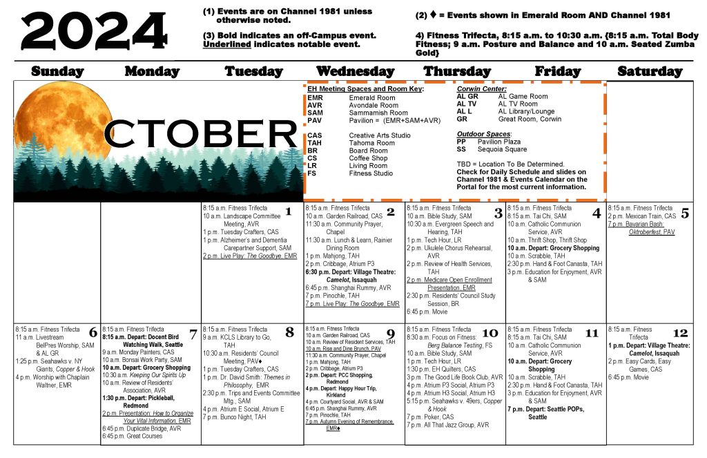 October activities calendar for Emerald Heights Residents. The calendar includes activities on and off site, including the dates, times and locations for each event. The events range from social happy hours, to bridge club, to outings to the symphony. This is updated monthly for residents.