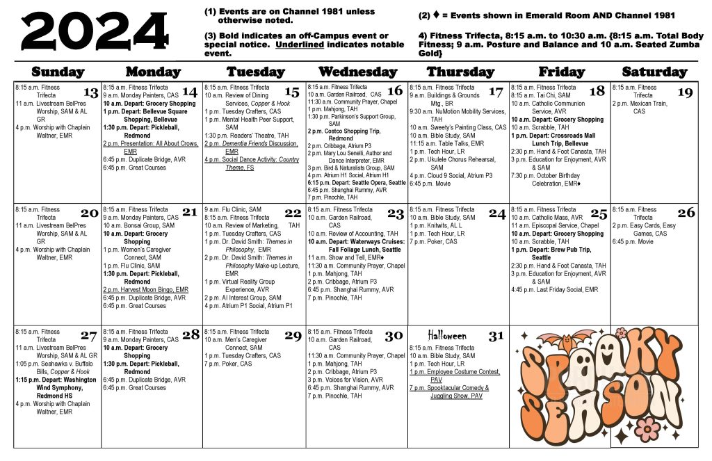 Page two of the October activities calendar for Emerald Heights Residents. The calendar includes activities on and off site, including the dates, times and locations for each event. The events range from social happy hours, to bridge club, to outings to the symphony. This is updated monthly for residents.